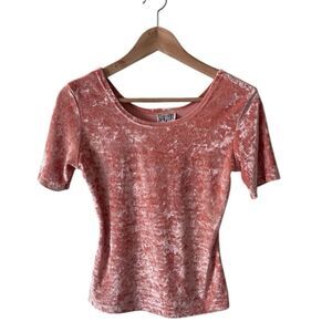 Vintage 90s Y2K Peach Orange Crushed Velvet Scoop Neck Short Sleeve Top Size S